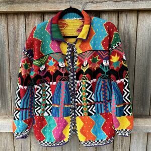 Vintage MIXIT bright color cardigan SWEATER Kachina southwest Aztec Medium